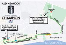 Map of the Stanley Cup Parade for Alex Newhook