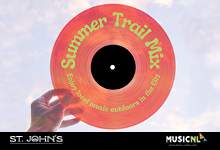 image shows a red record with blue sky in background, the text on record reads 'Summer Trail Mix' in green.
