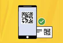 image of a cell phone with a QR code on a yellow background