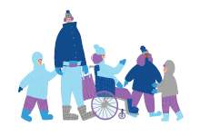 Image showing colourful cartoon people in the winter, with one person using a wheelchair and four people walking together in winter clothes.