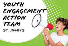 Picture of woman holding a microphone, speech bubble reads 'Youth Engagement Action Team"