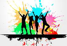 silhouette of four people with arms up and jumping in front of colourful paint splatters
