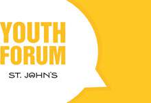 white word balloon on yellow background with text: Youth Forum St. John's